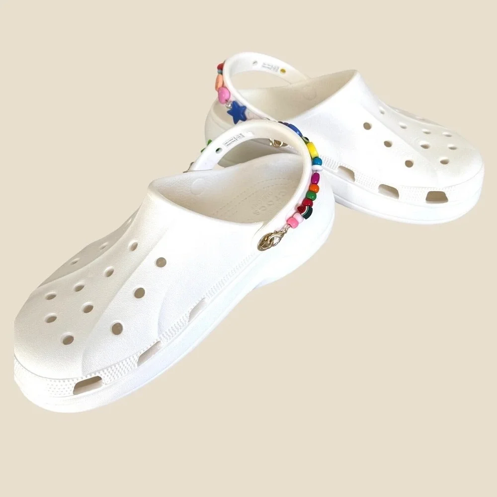 Crocs Classic Platform Clog White Rainbow Beaded Strap Charms Women's Size 11